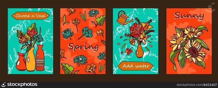 Flowers posters set. Bunches in vases, blossoms vector illustrations with text on orange and green background. Florist shop or spring concept for flyers and brochures design