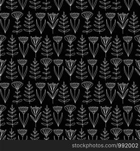 Flowers seamless pattern. Hand drawn nature background. Floral pattern decoration. Wrapping paper, textile print, wallpaper design. Repeating floral print in black and white colors. Flowers seamless pattern. Hand drawn nature background. Floral pattern decoration. Wrapping paper, textile print, wallpaper design. Repeating floral print in black and white colors.