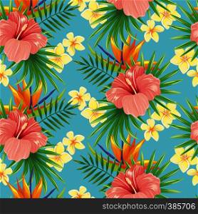 Flowers seamless pattern. Stylish spring flower, tropical plants leaves and floral ornamental tiles. Hawaiian tropic exotic hibiscus botanical wrapping vector background. Flowers seamless pattern. Stylish spring flower, tropical plants leaves and floral ornamental tiles vector background