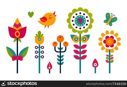 Flowers set bird and butterfly, collection of florets in bloom and creature flying around it, heart vector illustration isolated on white background. Flowers Set Bird and Butterfly Vector Illustration