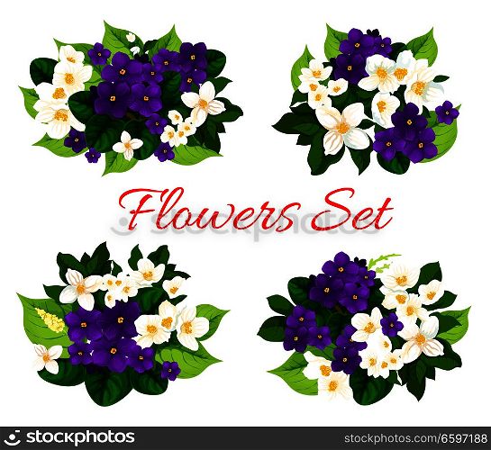 Flowers set for Save the Date wedding greeting card or engagement party invitation design. Vector blooming crocuses or lily flowers and floral blossoms for summer or spring time holiday season. Vector floral bouquets of blooming flowers