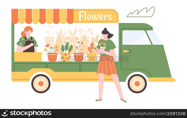 Flowers stall, floral market truck, street shop. Vector market outdoor to sale plant, fair retail floral, bouquet stall illustration. Flowers stall, floral market truck, street shop