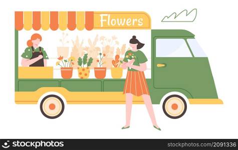 Flowers stall, floral market truck, street shop. Vector market outdoor to sale plant, fair retail floral, bouquet stall illustration. Flowers stall, floral market truck, street shop