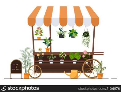 Flowers Store and Plants Shop with Florists Care, Organic Natural Products for Home Garden Green Decoration in Flat Background Vector Illustration