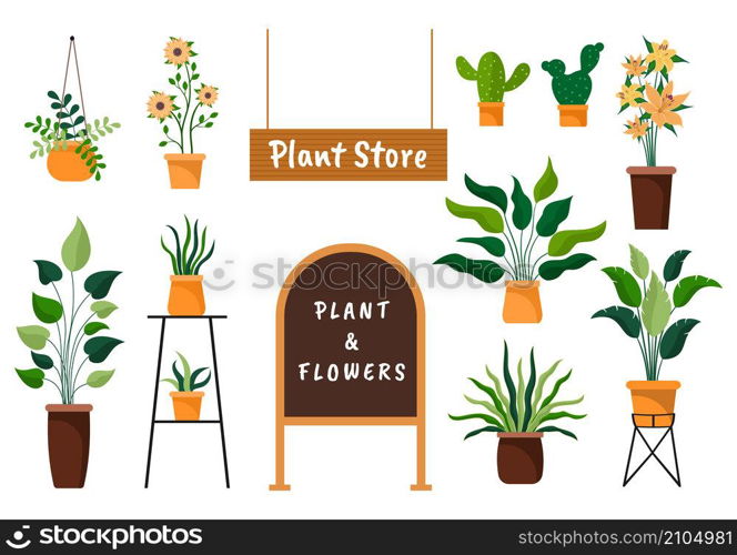 Flowers Store and Plants Shop with Florists Care, Organic Natural Products for Home Garden Green Decoration in Flat Background Vector Illustration