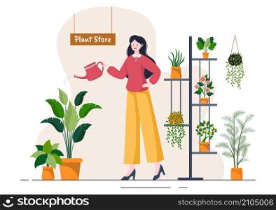 Flowers Store and Plants Shop with Florists Care, Organic Natural Products for Home Garden Green Decoration in Flat Background Vector Illustration