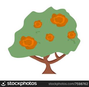 Flowers vector, bush with flowering isolated flora flat style natural blooming, roses or tree with trunk, garden orchard scene, rural area countryside. Tree Growing in Garden, Bushes with Roses Flowers