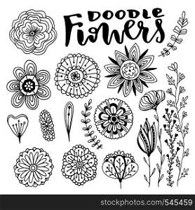 Flowers vector decorations set. Hand drawn vector illustration with creative doodle flowers. Vector set for coloring page and design decoration. Flowers vector decorations set. Hand drawn vector illustration with creative doodle flowers. Vector set for coloring page and design decoration.
