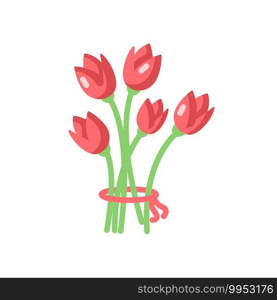 Flowers vector flat color icon. Bouquet for romantic present. Blooming tulips. Flourishing blossom. Floristry shop. Flower delivery. Cartoon style clip art for mobile app. Isolated RGB illustration. Flowers vector flat color icon