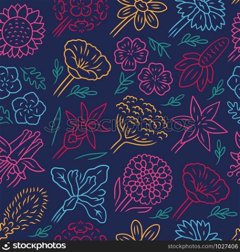 Flowers vector seamless pattern. Lily and sunflower. Floral background. Blue texture with hand drawn color icons. Poppy and chrysanthemum. Iris blossom. Plants wrapping paper, wallpaper design