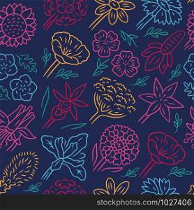 Flowers vector seamless pattern. Lily and sunflower. Floral background. Blue texture with hand drawn color icons. Poppy and chrysanthemum. Iris blossom. Plants wrapping paper, wallpaper design