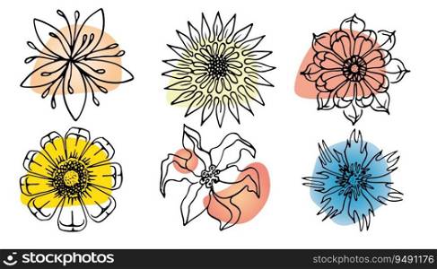 Flowers vector set illustration in simple minimal continuous outline line style. Nature blossom art for floral botanical logo design.. Flowers vector set illustration in simple minimal continuous outline line style. Nature blossom art for floral botanical logo design. Isolated on white background.