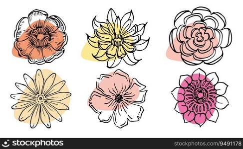 Flowers vector set illustration in simple minimal continuous outline line style. Nature blossom art for floral botanical logo design.. Flowers vector set illustration in simple minimal continuous outline line style. Nature blossom art for floral botanical logo design. Isolated on white background.
