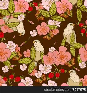 Flowers vintage seamless pattern with birds and butterflyies vector illustration