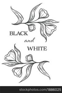 Flowers with blooming and petals, foliage in black and white, monochrome sketch outline. Isolated calligraphy text, emblem or logotype for organic products. Florist shop ad vector in flat style. Black and white flowers, flora monochrome sketch outline