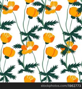 Flowers with leaves and lush foliage with stem, seasonal summer or spring flora motif and simple ornaments. Seamless pattern or background, print or repeatable wallpaper. Vector in flat style. Blooming spring or summer flowers with leaves