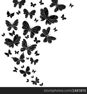 Flowing curving design of different shaped black and white flying butterflies with outspread wings in a diminishing swathe on white with copyspace