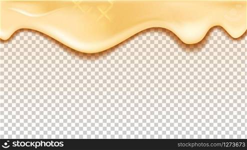 Flowing Down Vanilla Or Caramel Taste Cream Vector. Delicious Milk Cream Drip Ingredient For Wafer Biscuit Or Cookie Dessert. Confectionery Glaze Concept Template Realistic 3d Illustration. Flowing Down Vanilla Or Caramel Taste Cream Vector