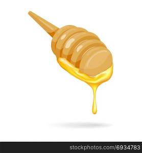 Flowing honey on wooden honey stick, illustration vector design.