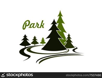 Flowing modern green park icon or emblem with evergreen coniferous trees surrounded by swirling lines for grass and the text - Park - vector illustration on white. Flowing green park icon or emblem