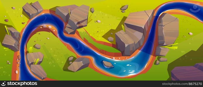 Flowing river top view. Vector background of nature landscape with blue water stream, green grass and rocks. Illustration of summer scene with brook flow on field with stones. Vector landscape with river top view