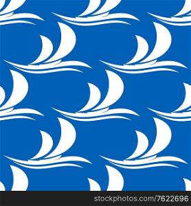 Flowing seamless pattern on a blue background of a stylized yacht with its sails curving in the wind sailing on an ocean wave suitable as wallpaper or for textiles