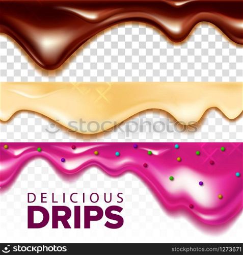 Flowing Sticky Sweet Cream Collection Set Vector. Strawberry, Vanilla And Chocolate Taste Cream Drips. Falling Delicious Tasty Dessert Ingredient Concept Template Realistic 3d Illustrations. Flowing Sticky Sweet Cream Collection Set Vector
