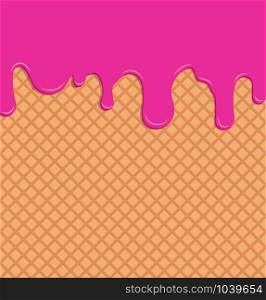 Flowing strawberry cream on wafer background - Vector Illustration