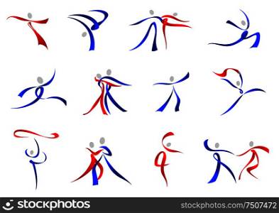 Flowing stylized modern dancers icons in red and blue in a variety of dance poses. Modern dancers icons and symbols
