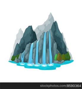 Flows of water falling from high mountains, game asset decoration. Vector cartoon landscape with green tree, lake and falling waterfall. Mountain, green trees scenery. Cartoon waterfall
