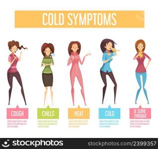 Flu cold or seasonal influenza symptoms flat infographic poster women feel fever chills cough sore throat vector illustration. Flu Cold Symptoms Flat Infographic Poster