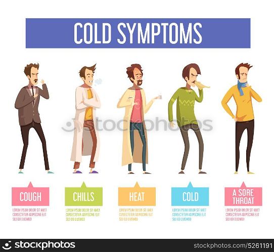 Flu Cold Symptoms Flat Infographic Poster . Flu cold or seasonal influenza symptoms flat infographic poster men feel feverish chills cough sore throat vector illustration