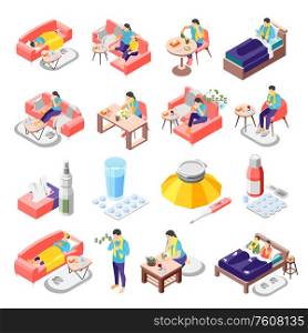 Flu cold treatment medication sick people isometric icons set with lying in bed sneezing pills thermometer vector illustration