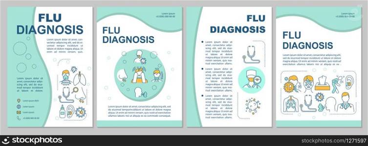 Flu diagnosis brochure template. Health exam. Patient treatment. Flyer, booklet, leaflet print, cover design with linear icons. Vector layouts for magazines, annual reports, advertising posters