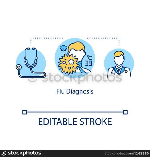 Flu diagnosis concept icon. Healthcare exam. Professional checkup. Virus examination. Therapist visit idea thin line illustration. Vector isolated outline RGB color drawing. Editable stroke