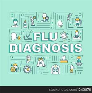 Flu diagnosis word concepts banner. Sick patient treatment. Respiratory illness. Infographics with linear icons on mint background. Isolated typography. Vector outline RGB color illustration