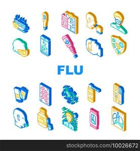Flu Disease Treatment Collection Icons Set Vector. Flu Treat Vaccine And Test Questionnaire, Tea With Honey And Lemon, Syrup And Eye Drops Isometric Sign Color Illustrations. Flu Disease Treatment Collection Icons Set Vector