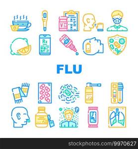 Flu Disease Treatment Collection Icons Set Vector. Flu Treat Vaccine And Test Questionnaire, Tea With Honey And Lemon, Syrup And Eye Drops Concept Linear Pictograms. Contour Color Illustrations. Flu Disease Treatment Collection Icons Set Vector