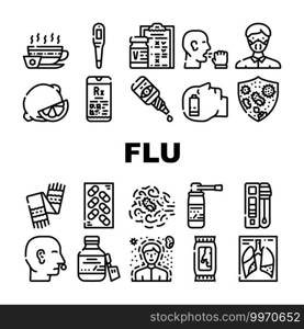 Flu Disease Treatment Collection Icons Set Vector. Flu Treat Vaccine And Test Questionnaire, Tea With Honey And Lemon, Syrup And Eye Drops Black Contour Illustrations. Flu Disease Treatment Collection Icons Set Vector