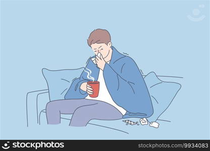 Flu, fever, infection concept. Sad man cartoon character sitting on sofa in warm blanket with hot drink and feeling ill sick and flu sneezing vector illustration . Flu, fever, infection concept