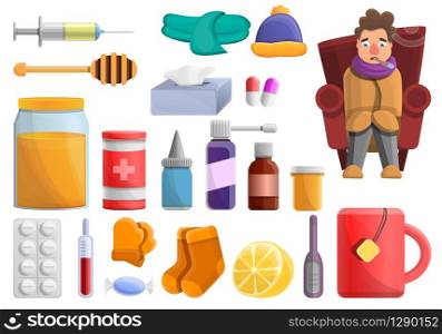 Flu icons set. Cartoon set of flu vector icons for web design. Flu icons set, cartoon style