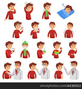 Flu iIlness Icon Set. Flu illness cartoon icons with unhealthy people and doctors helping diseased patients flat vector illustration