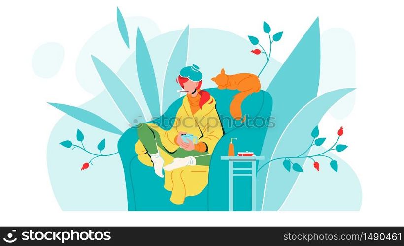 Flu Ill Girl In Armchair With Temperature Vector. Character Flu Sick Woman With Warmer On Head And Wrapped In Plaid Holding Cup And Thermometer In Mouth. Disease And Treatment Flat Cartoon Illustration. Flu Ill Girl In Armchair With Temperature Vector