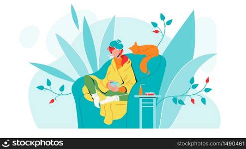 Flu Ill Girl In Armchair With Temperature Vector. Character Flu Sick Woman With Warmer On Head And Wrapped In Plaid Holding Cup And Thermometer In Mouth. Disease And Treatment Flat Cartoon Illustration. Flu Ill Girl In Armchair With Temperature Vector