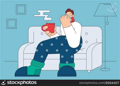 Flu, infection, getting cold concept. Sad ill man cartoon character in warm socks sweater and scarf sitting on sofa with hot drink, sneezing and feeling sick having fever vector illustration . Flu, infection, getting cold concept