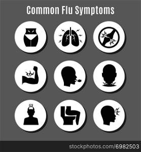 Flu influenza sickness symptoms icons on circles. Vector flat illustration. Flu influenza sickness symptoms icons