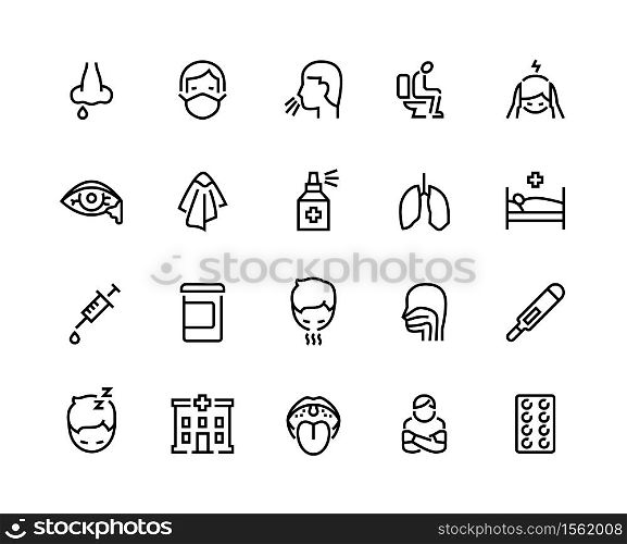 Flu line icons. Pneumonia and cold symptoms such as sneeze, cough, diarrhea and headache, outline healthcare and medical set. Vector editable strokes black image. Flu line icons. Pneumonia and cold symptoms such as sneeze, cough, diarrhea and headache, outline healthcare and medical set. Vector editable strokes