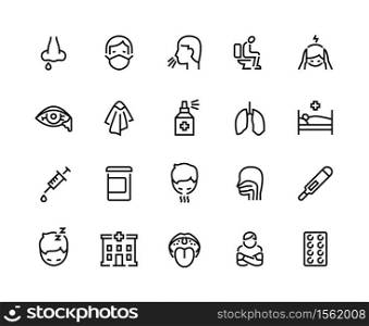 Flu line icons. Pneumonia and cold symptoms such as sneeze, cough, diarrhea and headache, outline healthcare and medical set. Vector editable strokes black image. Flu line icons. Pneumonia and cold symptoms such as sneeze, cough, diarrhea and headache, outline healthcare and medical set. Vector editable strokes