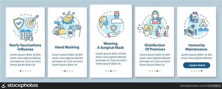 Flu prevention onboarding mobile app page screen with concepts. Hygiene, immunization. Influenza treatment walkthrough 5 steps graphic instructions. UI vector template with RGB color illustrations