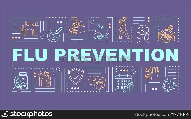 Flu prevention word concepts banner. Health protection. Vaccination shot. Infographics with linear icons on purple background. Isolated typography. Vector outline RGB color illustration